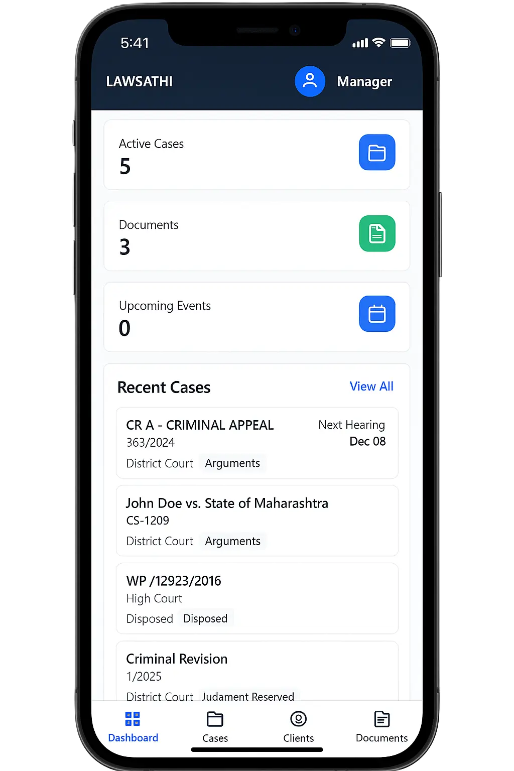 LawSathi mobile dashboard interface showing case management and AI document features